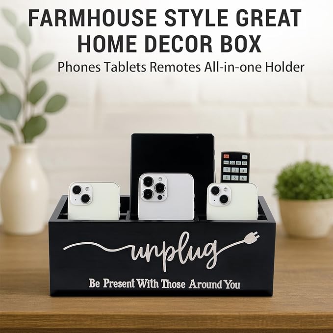 Bamboo Wood Phone Box – Unplug from Phones, Tablets, and Electronics for Study, Meetings, and Family Time, Phone Holder Organizer with Charging Holes, Farmhouse Style, Holds Up to 18 Phones-Black