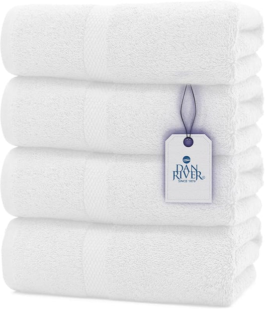 DAN RIVER Bath Towels Set of 4, 27 x 54 Inches, 100% Cotton, Larger & Lighter Weight, Quicker to Dry, Super Soft and Absorbent, Ideal White Towels for Daily Use