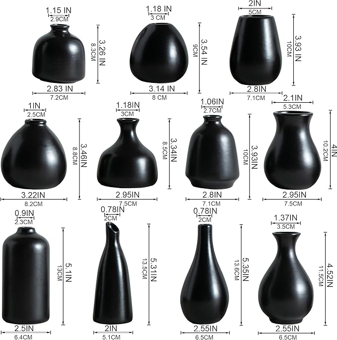 Black Ceramic Bud Vase Set of 11, Small Vases for Pampas Grass, Flowers, Mini Vases for Modern Home Decor, Minimalist Decor, for Living Room, Dining Table & Shelves