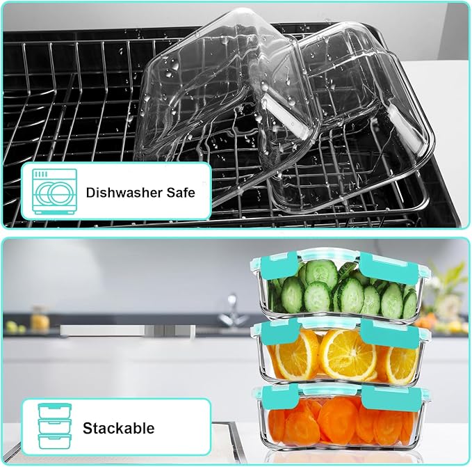 VERONES 5 Pack 36 OZ Glass Meal Prep Containers, Airtight Glass Lunch Containers Set, Glass Food Storage Containers with Lids,Exclusive of BPA, for Microwave, Oven, Freezer & Dishwasher Friendly,Green