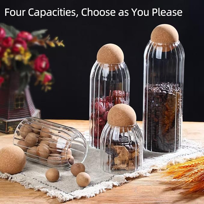 Glass Storage Jar with Ball Cork Lid, Clear Glass Canisters with Cork Ball, 3Pcs High Borosilicate Glass Sealed Jar 16oz 26oz 36oz , Used for Storing Candies, Salt, Tea, Seasonings, Cookies, etc
