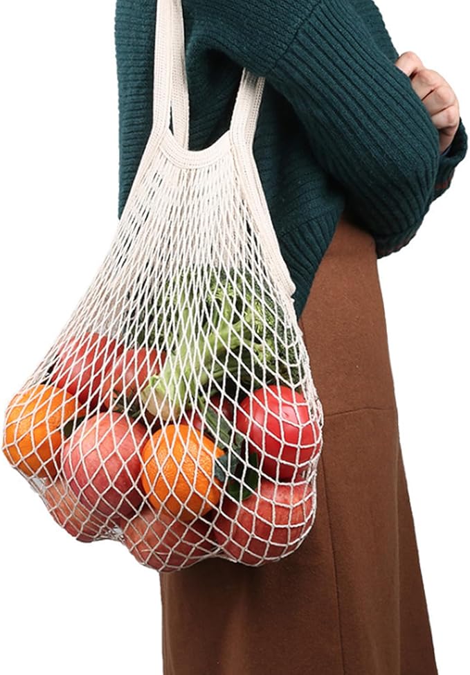 2 Pack Reusable Produce Bags | Mesh Net Washable Long Cotton String Handles for Fruits & Vegetables - Eco-Friendly Breathable Grocery Storage Solution