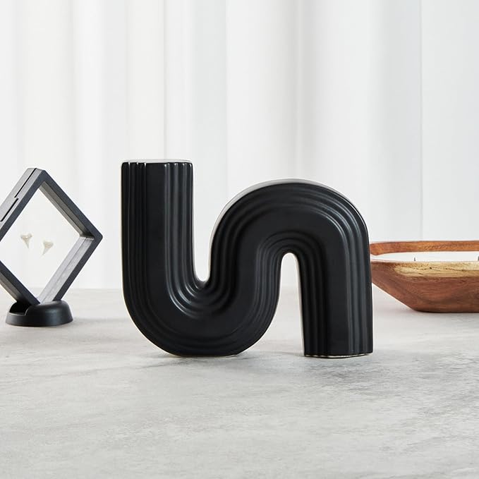 Restaurantware-Table Art Flower Vase, 1 Minimalist Vase - S-Shaped Style, for Fresh Or Artificial Flowers, Black Ceramic Piece for Home Decor, Kitchen, Home, Living Room, Office, and More