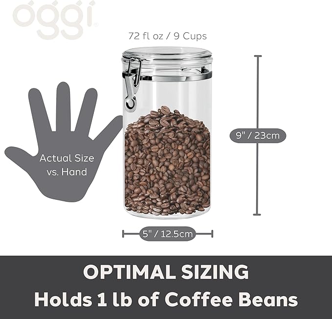 Oggi Large Clear Canister with Clamp Lid, 72 oz - Large Airtight Food Storage Container, for Kitchen & Pantry Storage of Bulk, Dry Foods, Pasta, Flour, Sugar, Coffee, Rice, Tea, Spices & Herbs