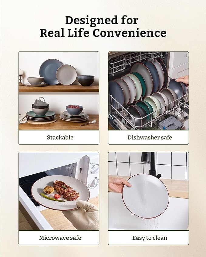 Famiware Venus Plates and Bowls Sets, 12 Pieces Stoneware Speckled Dinnerware Sets, Dishes Set for 4, Microwave and Dishwasher Safe, Matte Light Grey