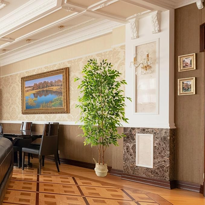 8ft Artificial Ficus Tree, 96” Realistic Ficus Leaves Large Fake Plant with Basket, Indoor Outdoor Potted Faux Tree for Home Garden Office House Livingroom Décor