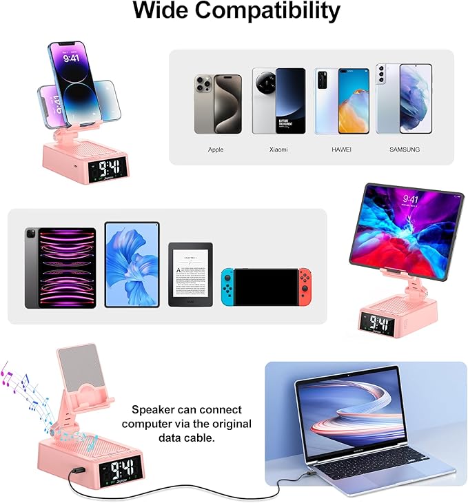 Gifts for Women Girls, Phone Stand with Bluetooth Speaker 360° Rotable Angle Adjustable Cell Phone Holder for Desk with HD Subwoofer Sound Fits All Phones,Tablets (Pink)