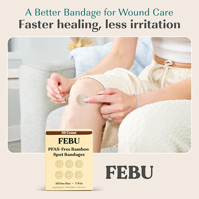 FEBU Eco-Friendly Bamboo Fabric Bandages | PFAS Free Bandages for Scrapes & Cuts | Flexible Fabric Bandage | Fully Compostable, Latex Free Bandage | 50 Count Spot