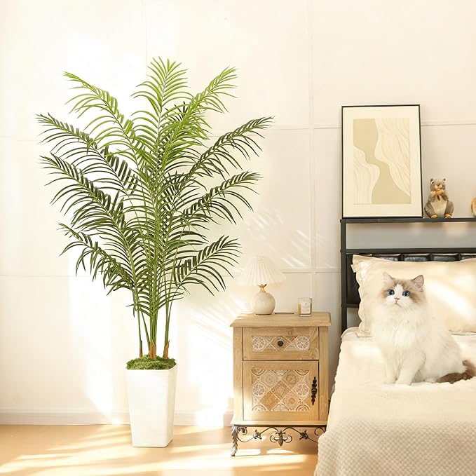 6FT Artificial Palm Tree, Tall Fake Tropical Areca Plant with White Square Planter for Indoor Outdoor Home Decor, Realistic Faux Palm Tree for Living Room, Office, Porch, Garden