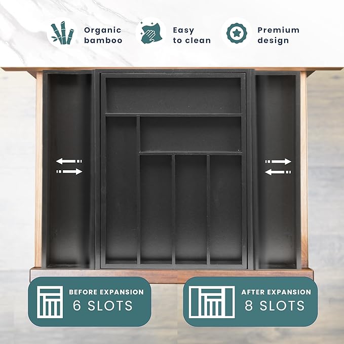 Sben Expandable Drawer Organizer for Utensils Holder, Adjustable Cutlery Tray, Wood Drawer Dividers Organizer for Silverware, Flatware, Knives for Kitchen (Black)