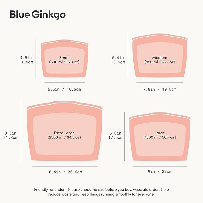 Blue Ginkgo Reusable Silicone Storage Bags – 4-Pack | Korean-Made Stand Up Food, Freezer Bags - Peach