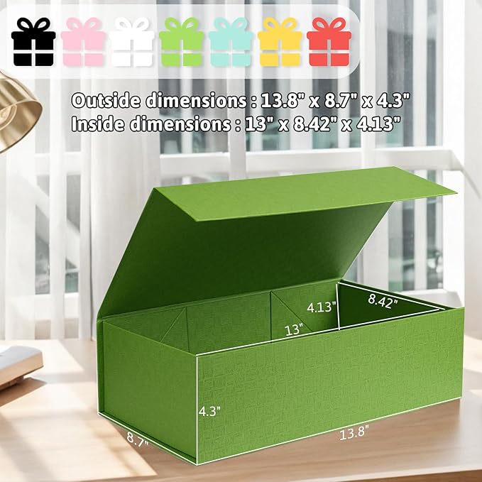 VGOODALL Green Gift Box with Lid 14x8.7x4.3inches Magnetic Gift Box with Ribbon Greeting Card for Wrapping Bridesmaid Proposal Party Favors