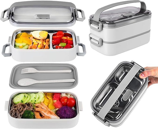 Bento Lunch Box for Kids Women Men, 47oz 2-Compartment Snack Salad Metal Food Prep Pack Container for Lunch, Stainless Steel 3 Layers Stackable Lunch Containers with Lids for Adults and Teens White