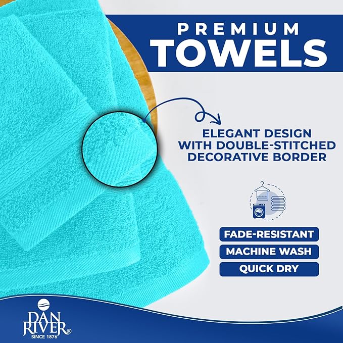 DAN RIVER 8 PC Luxury Bath Towels for Bathroom, 2 Bath, 2 Hand, and 4 Wash Cloths, 600 GSM 100% Ring Spun Cotton Towel Set, Highly Absorbent, Gym, Hotel, and Spa, Aqua