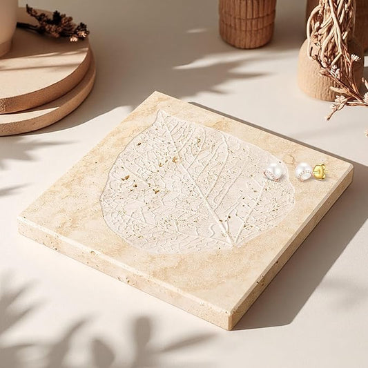 Marble Leaf Embossed Tray, Natural Golden Travertine Vanity Decorative Marble Tray for Bathroom, Jewelry, Kitchen and Desktop, Decorative Stone Pallet for Cosmetics, Perfume and Home Decor