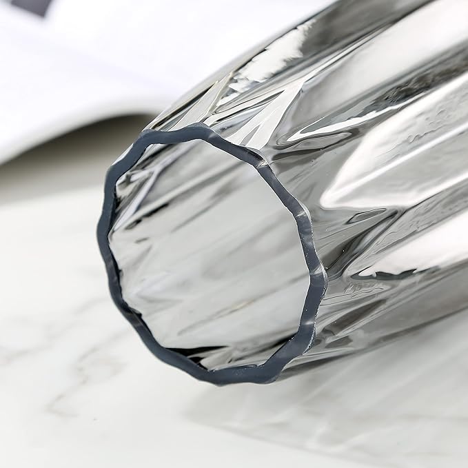 Modern Black Grey Ribbed Glass Vase for Flowers, Candles and Decorative Accents - Tall/Short Glass Vase for Centerpieces Home Table Decor(Grey H7.87in)