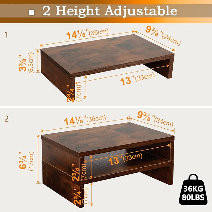 TEAMIX Monitor Riser - 2 Pack, Rustic Brown Wood Adjustable Stand for 2 Monitors/Laptop/PC