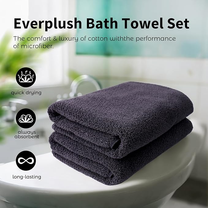 Everplush Diamond Collection Oversized Bath Towel – 2 Pieces, Super Soft & Highly Absorbent, Quick-Drying & Extra Large. Perfect for Bathroom, Pool, Swimming Use.(Charcoal, 30" x 56" 2PK)