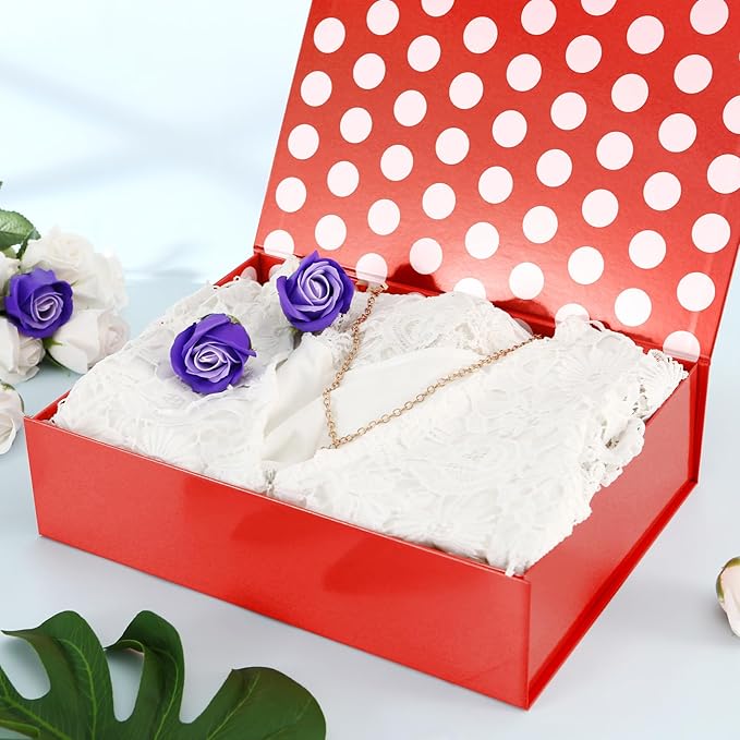 GREEN BEAN 6 Gift Boxes 13x9.7x3.4 Inches, Large Red Gift Boxes with Lids for Presents, Magnetic Shirt Gifts Boxes for Clothes (Glossy Metallic Red, Dot Design Inside)