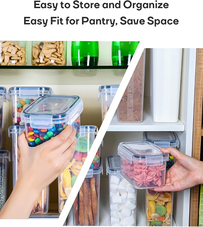 Airtight Food Storage Containers with Lids, Clear Pantry Canister Set for Kitchen Organization, Stackable Organizers for Flour, Sugar, Cereal, Rice, BPA Free Plastic 24 Pack with Different Sizes