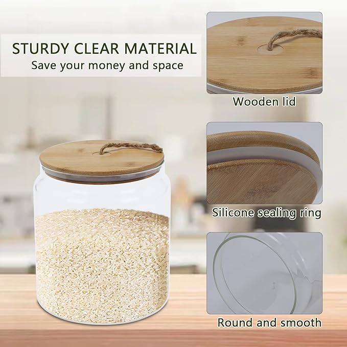 Rice Storage Container,Glass Cereal Dispenser Countertop with Bamboo Lid,Clear Airtight Food Storage Containers,135 Oz (4000ml) Kitchen Food Jars,Pantry Canister for Coffee Bean,Flour Sugar
