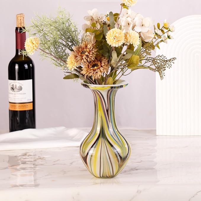 KAMMAK Colored Glass Vase, Beautiful Hand Blown Decorative Vase, Modern Art Vase for Flower Mantle Dining Table Centerpiece, Entryway Living Room Wedding Decoration, FH015