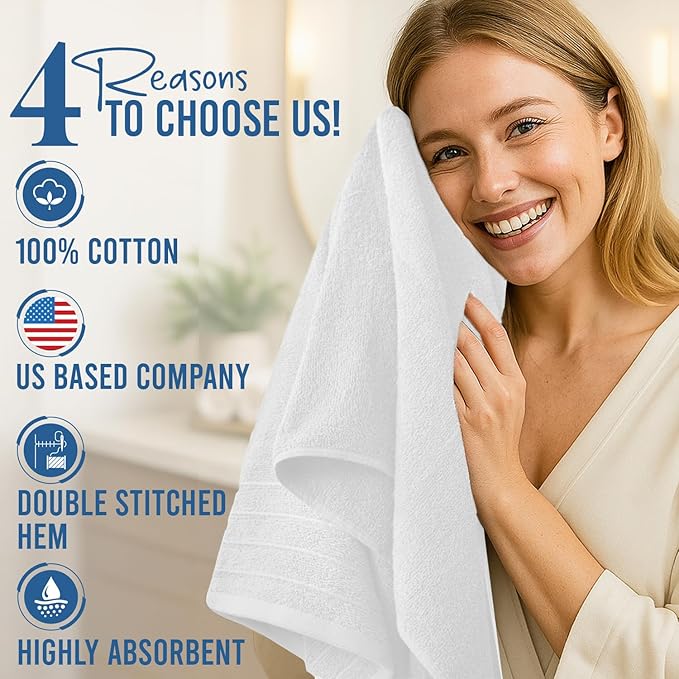 DAN RIVER Bath Towels Set of 4, 30 x 60 Inches, 100% Cotton, Larger & Lighter Weight, Quicker to Dry, Super Soft and Absorbent, Ideal Hotel Towels for Daily Use, White