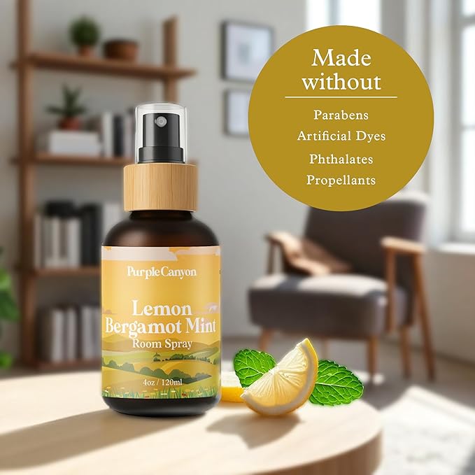 Purple Canyon Lemon Bergamot Mint Room Spray — 4 oz Natural Linen & Room Freshener — Bright Citrus & Mint Fragrance Mist — Energizing & Crisp — Premium Natural Fragrance Oils