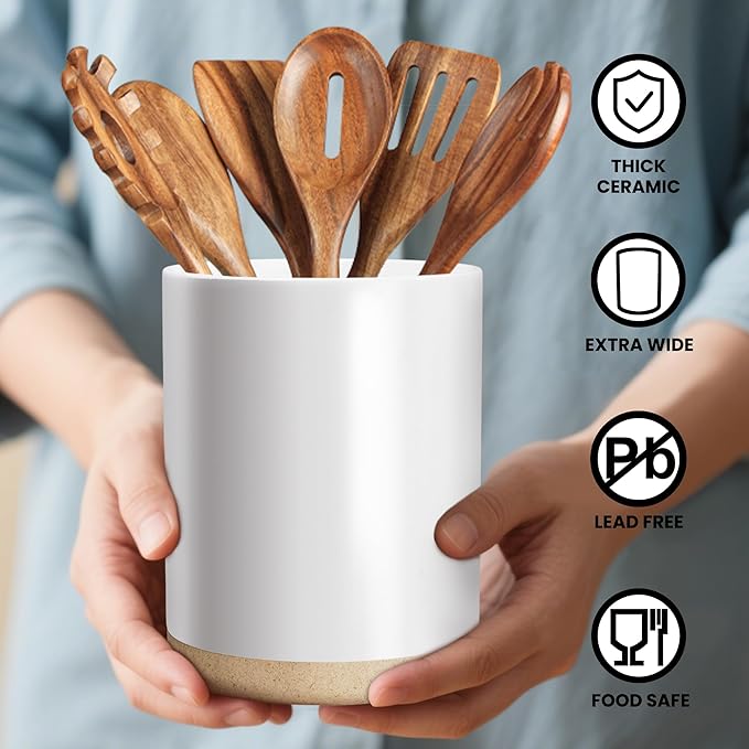 Ceramic Kitchen Utensil Holder for Countertop, Modern Crock with Non-Slip Cork Base, Counter Organizer for Cooking Tools , White