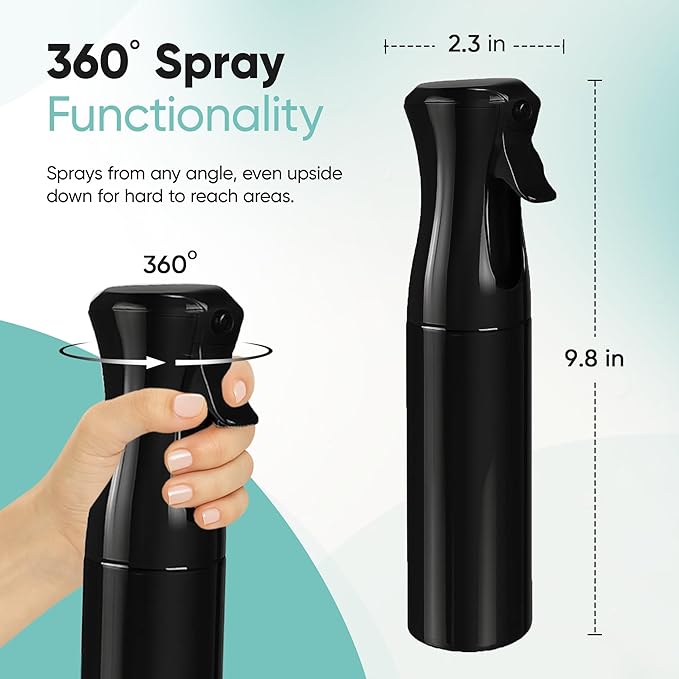 Aquableu Spray Bottle for Hair – Continuous Mist Spray Bottle for Hair Care, Styling, Cleaning, Plants, Pets & Essential Oils (Black, 10oz)