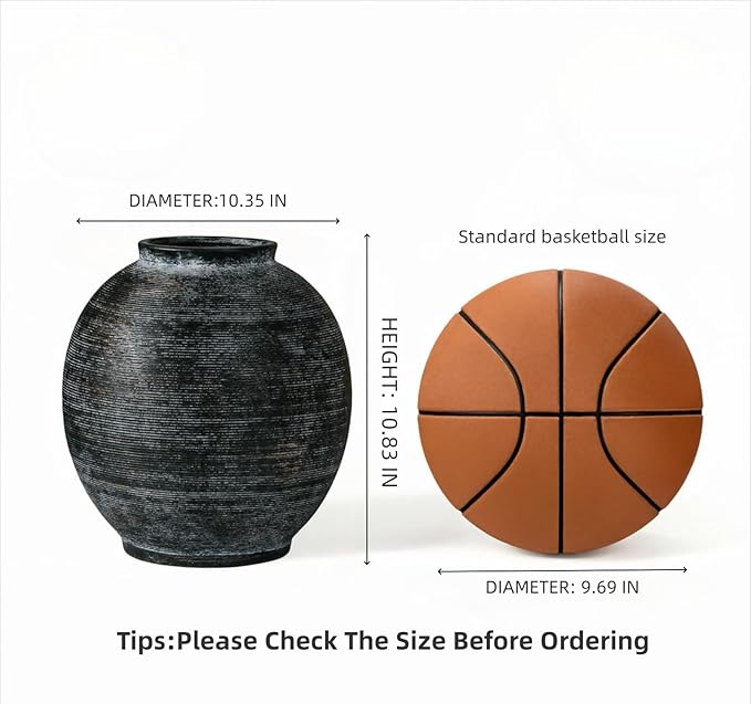 Large Black Ceramic Vase, 10.8 inch Round Minimalist Textured Floor Vase, Rustic Farmhouse Decor for Home, Living Room, Shelf, Table, Bathroom & Entryway Decoration (Black Bronze)