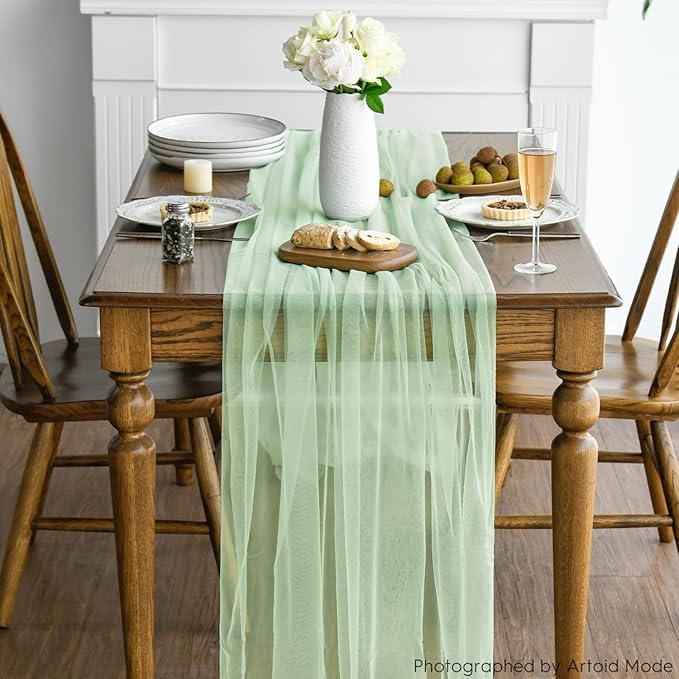 Artoid Mode 6PCS Light Green Gauze Table Runner 120 Inch 10FT, Seasonal Sheer Kitchen Dining Holiday Wedding Birthday Baby Shower Table Decor for Home Party