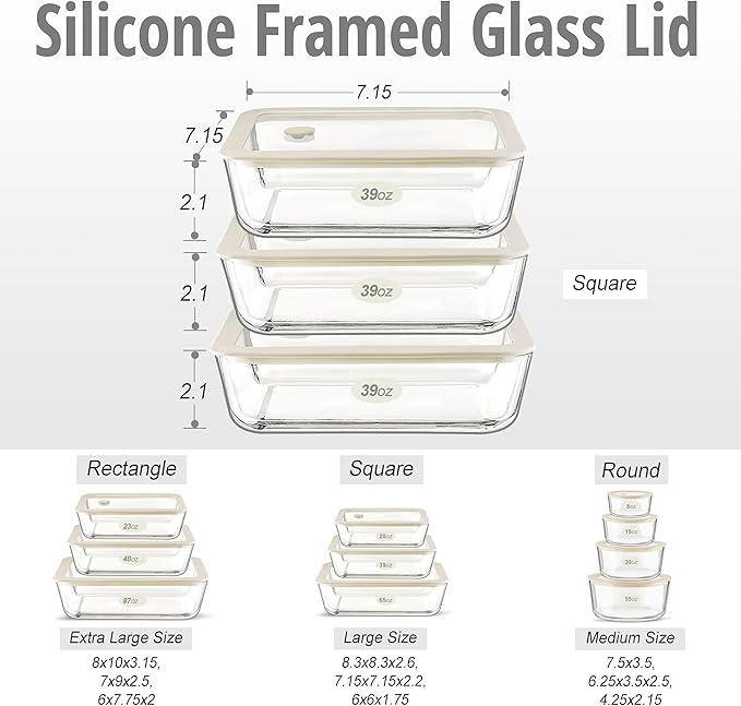 Urban Green Glass Food Container Set with Glass Lid, 3 Pack, Food Storage Containers Set, Airtight, LeakProof, 100% Plastic Free, Meal Prep Containers (White Color)