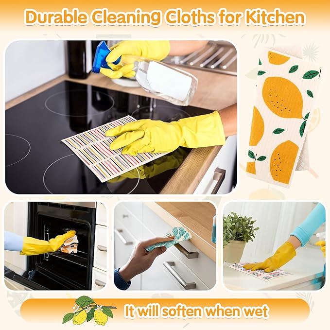 Lucomb 10 Pack Swedish Dishcloths Washable, Reusable Swedish Cloths Biodegradable Kitchen Towels with Hanging Clips, Cellulose Cotton Blend, Lemon Prints