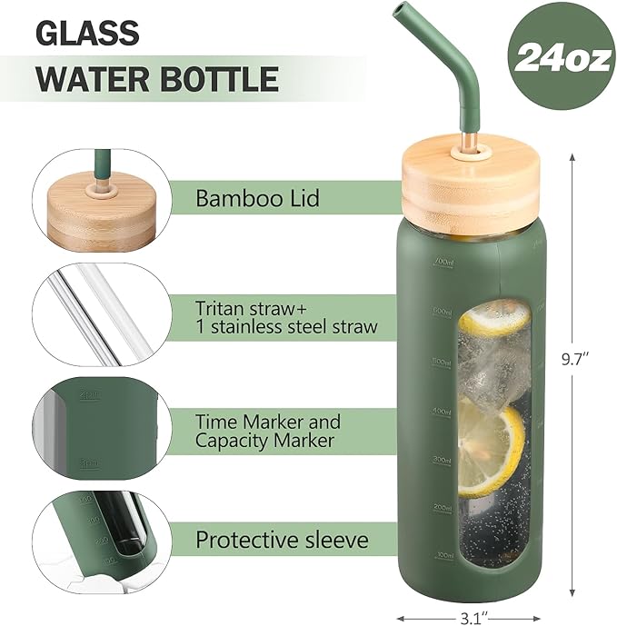 24oz Glass Water Bottle with Straw and 2 Lids-Bamboo and Spout Lid, Borosilicate Glass Water Bottle with Silicone Sleeve and Time Marker,BPA Free & Cupholder Friendly,Olive