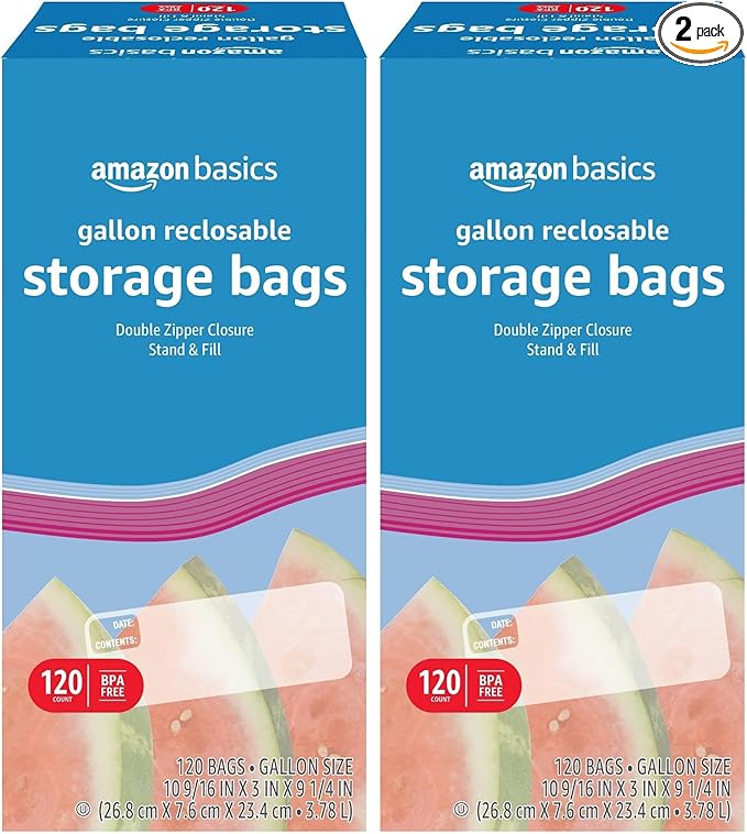 Amazon Basics Reclosable Gallon Food Storage Bags | Stand & Fill Base | 120 Count | Pack of 2