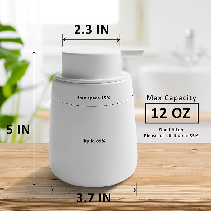 Soap Dispenser Ceramic with Easy-to-Press Pump Hand Lotion Liquid Dispenser for Shampoo Bathroom Kitchen 12 oz White