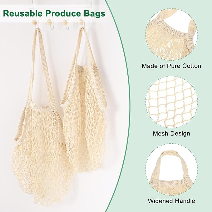 2-Pack Cotton Mesh Bag, Reusable Washable Mesh Net String Grocery Bags, Reusable Produce Bags with Handle, Net Tote Bag for Fruits/Vegetables Shopping [Cream, Long&Short Handle]