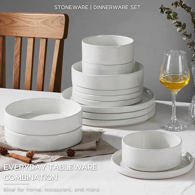 Stoneware Dinnerware Sets for 4 with Pasta Bowl, Onader 16 Piece Plates and Bowls Dish Set, Speckled Kitchen Dishware Dining Ware, Microwave & Dishwasher Safe - Cloud White