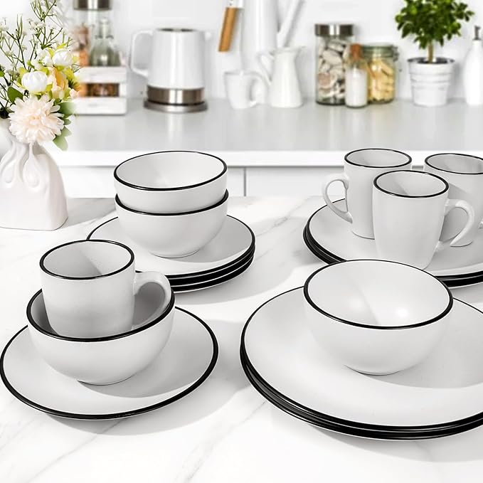 Homlouue 16 Pieces Stoneware Dinnerware Set, Speckled Ceramic Plates and Bowls Mugs Sets Service for 4, Ceramic Dishes Set, Microwave and Dishwasher Safe(White with Black Rim)