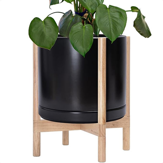 D'vine Dev Ceramic Planter with Natural Stand - 14 Inch Modern Round Flower Pot with Wood Planter Holder, Black, 55-B-R-2