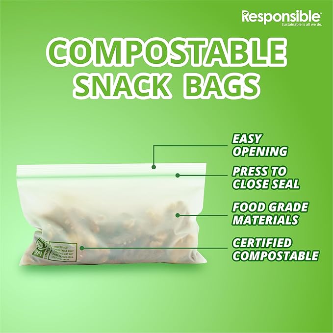 Responsible Products Certified Compostable SNACK Resealable Zip Bag, Extra Strength Food Bags, Plant-Based Freezer-Safe (92 Pack)