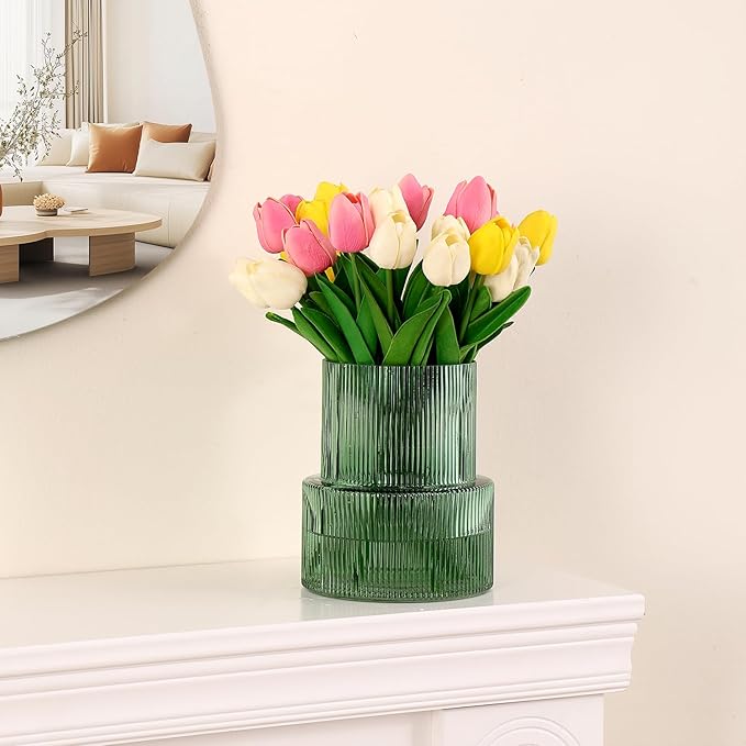 Green Glass Vase, Ribbed Glass Vase for Tulips, Flower Vases for Bouquet, Green Modern Vases for Living Room, Dining Table, Entryway, Mantle, Shelf, Wedding, Office, 7.5 Inches