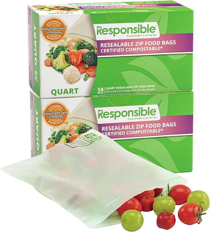 Certified Compostable QUART Resealable Zip Bag, Extra Strength Food Bags, Plant-Based Freezer-Safe (116 Pack)