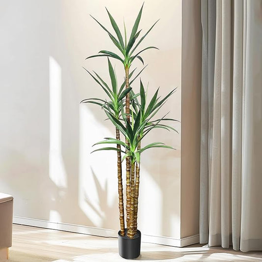 Artificial Trees 6Ft Faux Tree 4 Heads Agave Plant, Tall Fake Plant with Plastic Pot for Home Decor, Office Decor