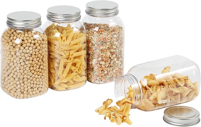 novelinks 32 oz Plastic Food Storage Jars with Metal Lids – 6 Pack BPA-Free Clear Airtight Containers for Pantry, Spices, Snacks, Kitchen & Bathroom Organization – Leak-Proof Reusable Jars (Silver)