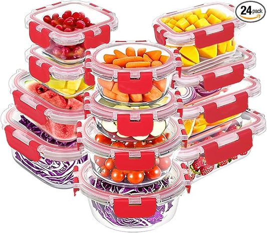 VERONES 12 Packs Glass Food Storage Containers Set, Airtight Glass Lunch Containers, Glass Meal Prep Containers with Lids,Exclusive of BPA, for Microwave, Oven, Freezer & Dishwasher Friendly,Red