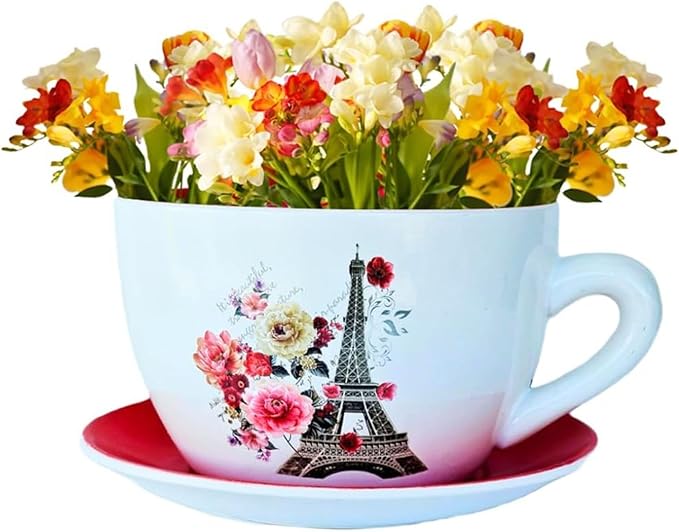 7.5" Ceramic Teacup Planter Pot with Saucer | Ideal for Succulents, Orchids, Herbs & Flowers | Indoor & Outdoor Use for Wedding & Home Decor & More - RED - Paris Eiffel Tower