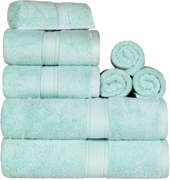 BLUENILEMILLS Madison Egyptian Cotton Towels, Towel Set for Bathroom, Shower, Hotel, Plush, 900 GSM, Highly Absorbent and Ultra-Soft Towels, Bath Essentials, 8 Piece Assorted Towel Set, Sea Foam