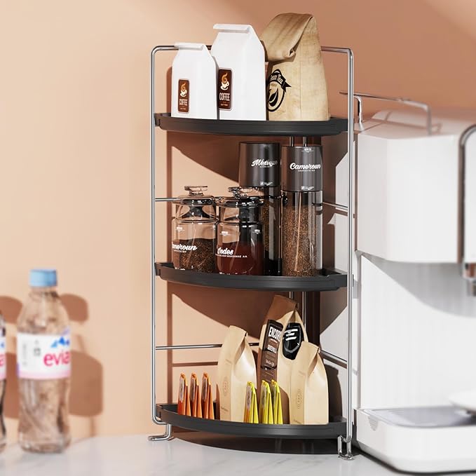 3-Tier Corner Bathroom Organizer Countertop for Storage，Counter Tray and Vanity Organizer，Plastic Counter Organizer for Kithchen, Bathroom, Dresser 10.6 inches (Chrome + Black)